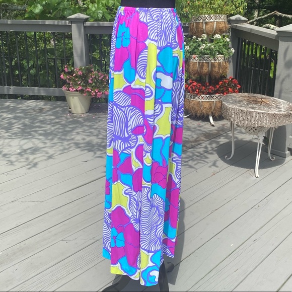 Vintage 60s Flower Power Swimsuit Coverup Maxi Wrap Floral Neon Skirt - Picture 5 of 7